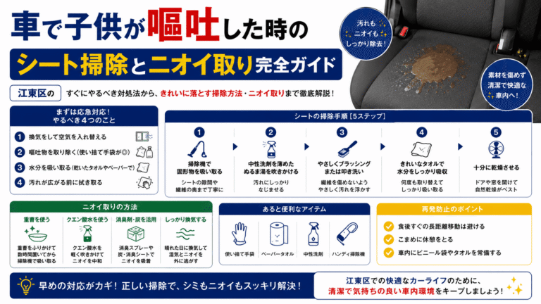 車で子供が嘔吐した時のシート掃除とニオイ取り完全ガイド｜東京・江東区の車内清掃のサンリバ・クリーン